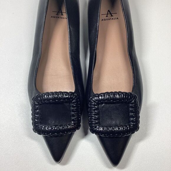 Aquatalia‎ Adorned Black Woven Leather Square Toe Flats Women’s Size 7 - Picture 3 of 16